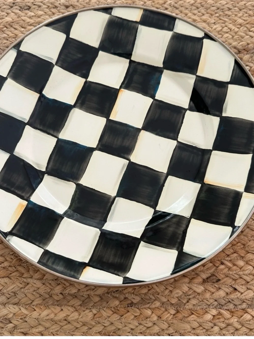 MacKenzie-Childs Ivory Ceramic Dinner Plate with Silver Rim